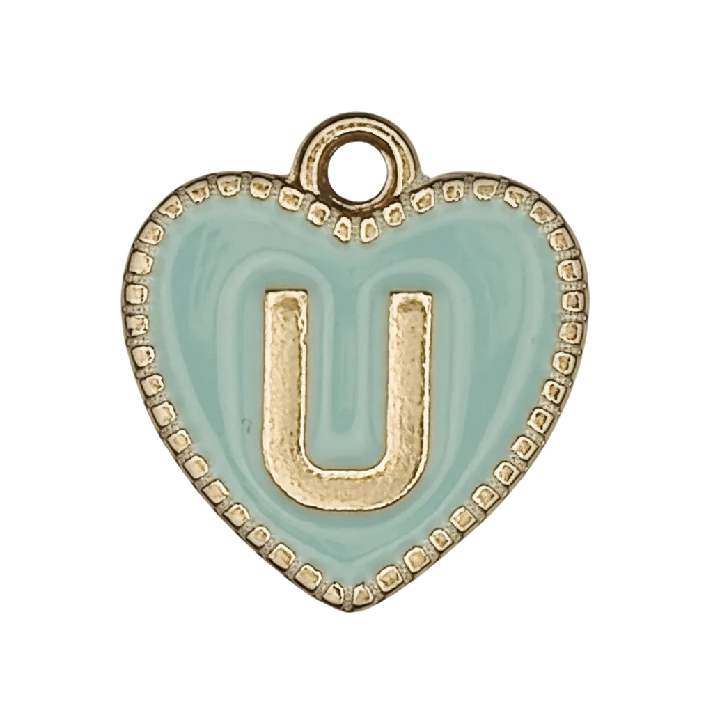 Aqua enamel heart charm with gold letter U and beaded border.