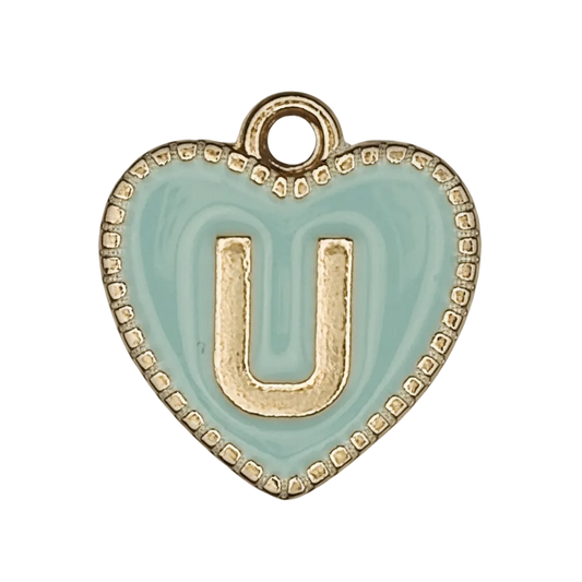 Aqua enamel heart charm with gold letter U and beaded border.