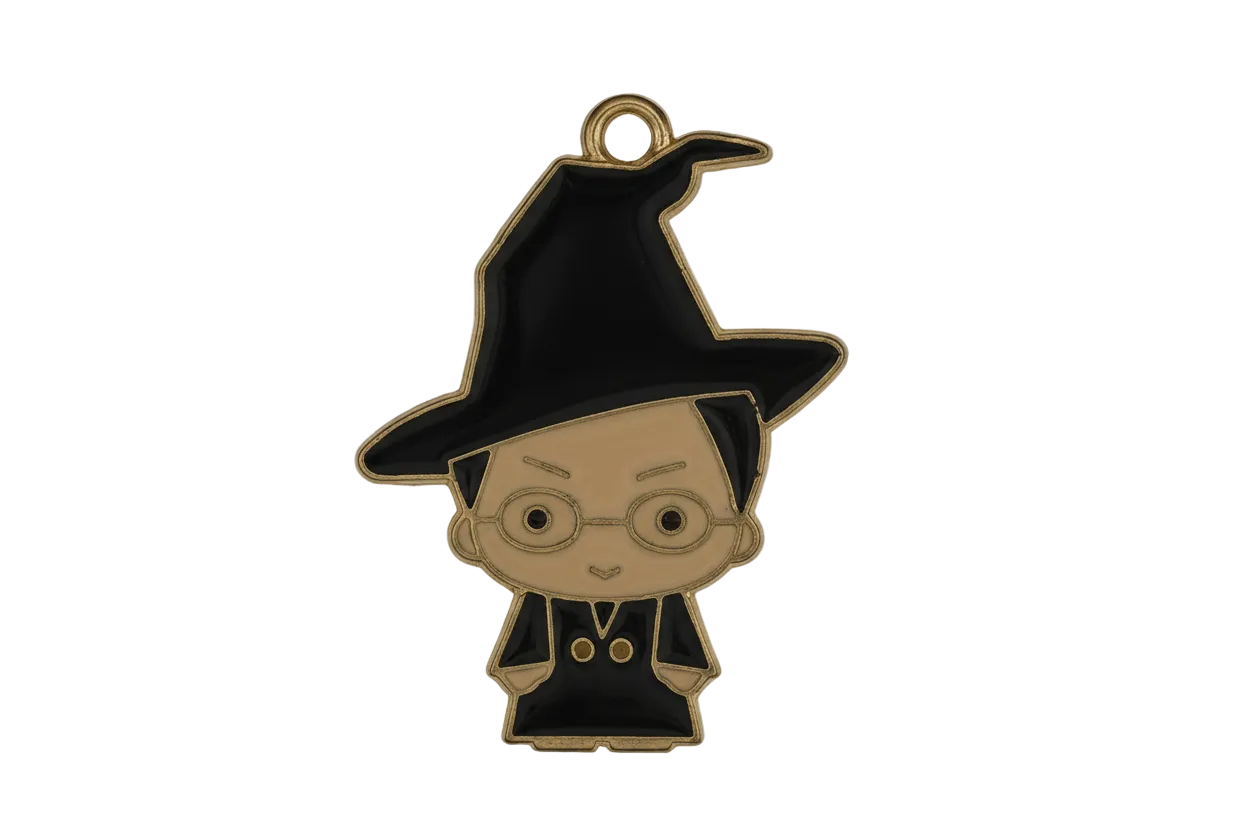 close-up of black enamel wizard charm with tall hat