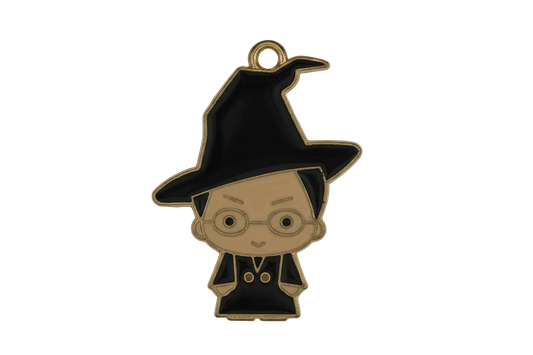 close-up of black enamel wizard charm with tall hat