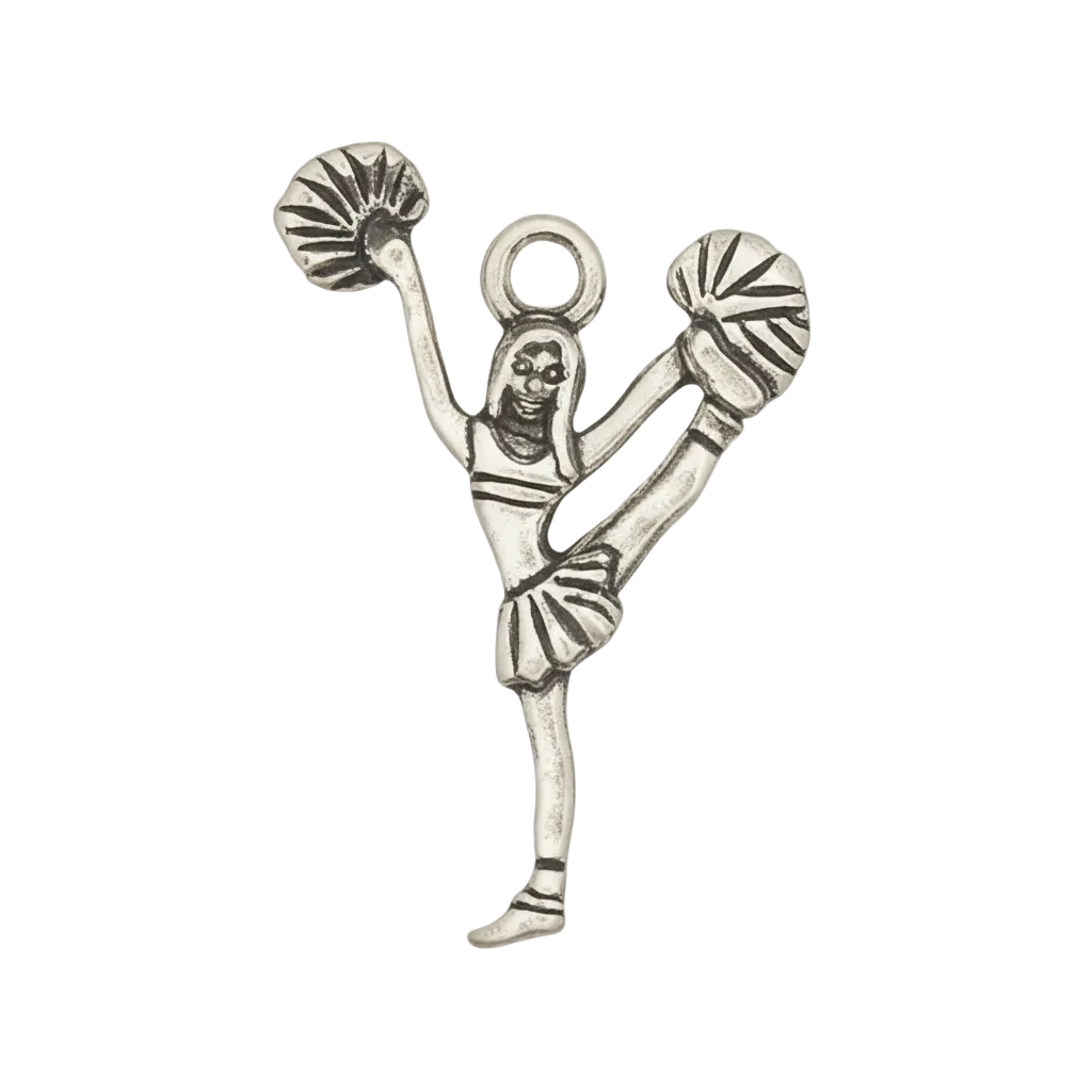 silver-tone cheerleader charm with raised leg and pom-poms on black background