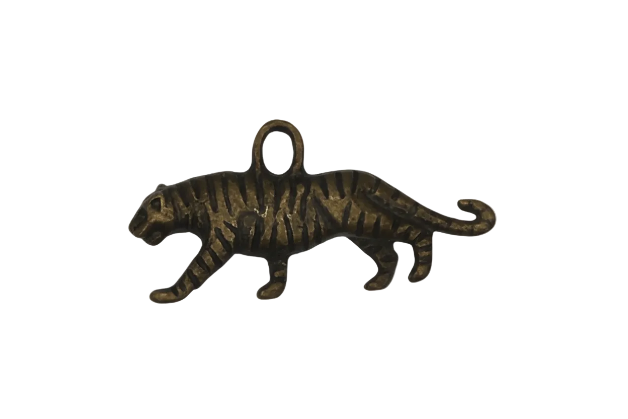 close-up of bronze tiger-shaped charm on black background