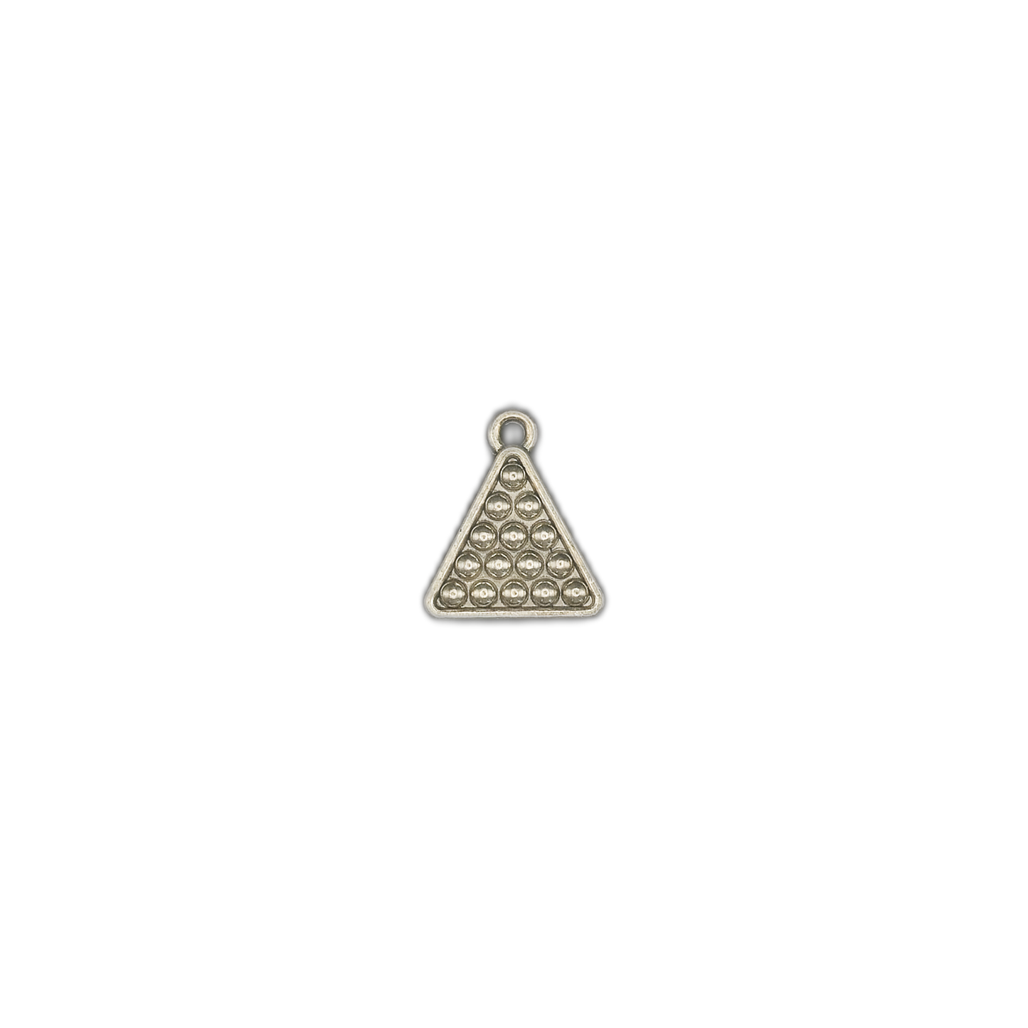 small silver triangular billiard rack charm centered on black background