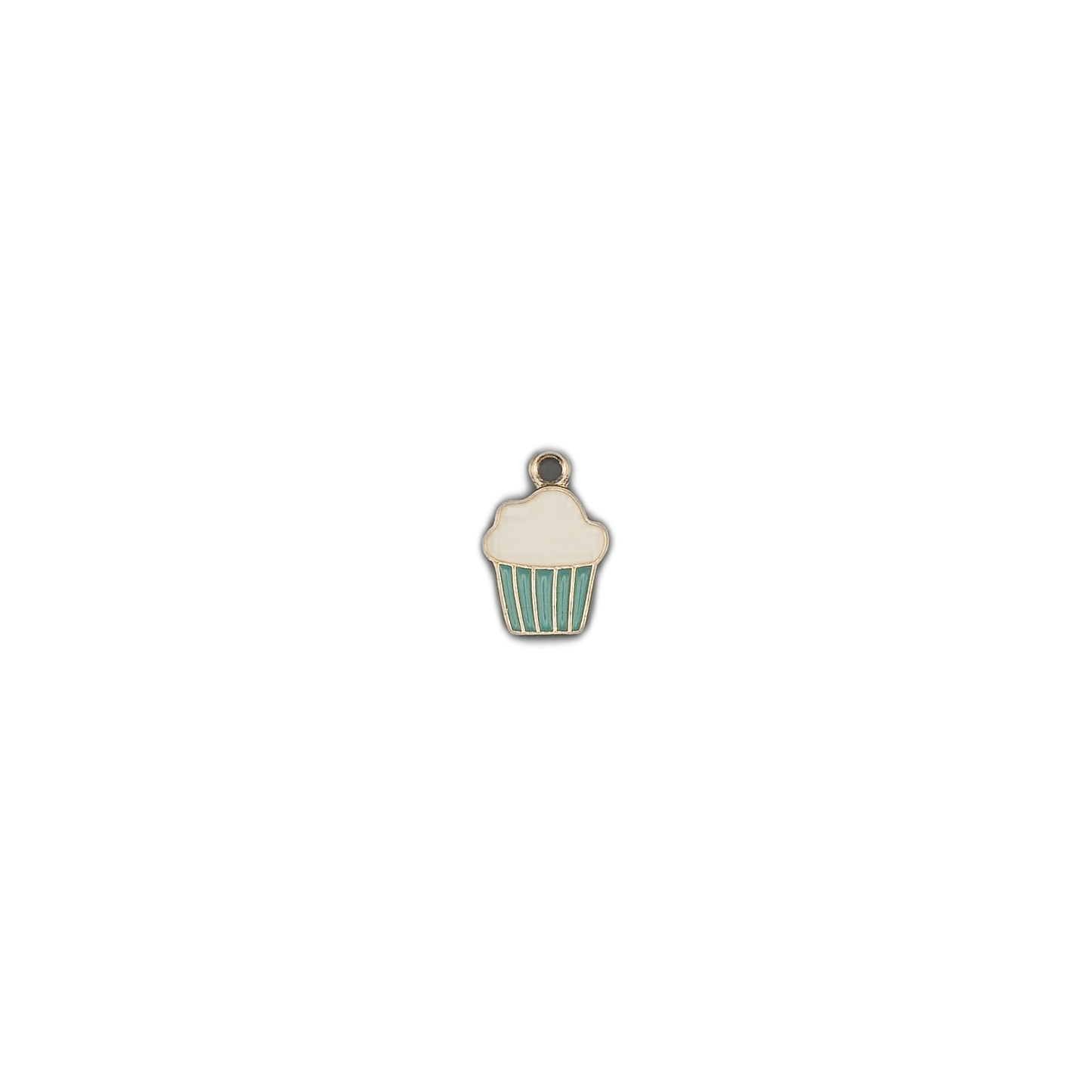 small cupcake enamel charm centered on a black background