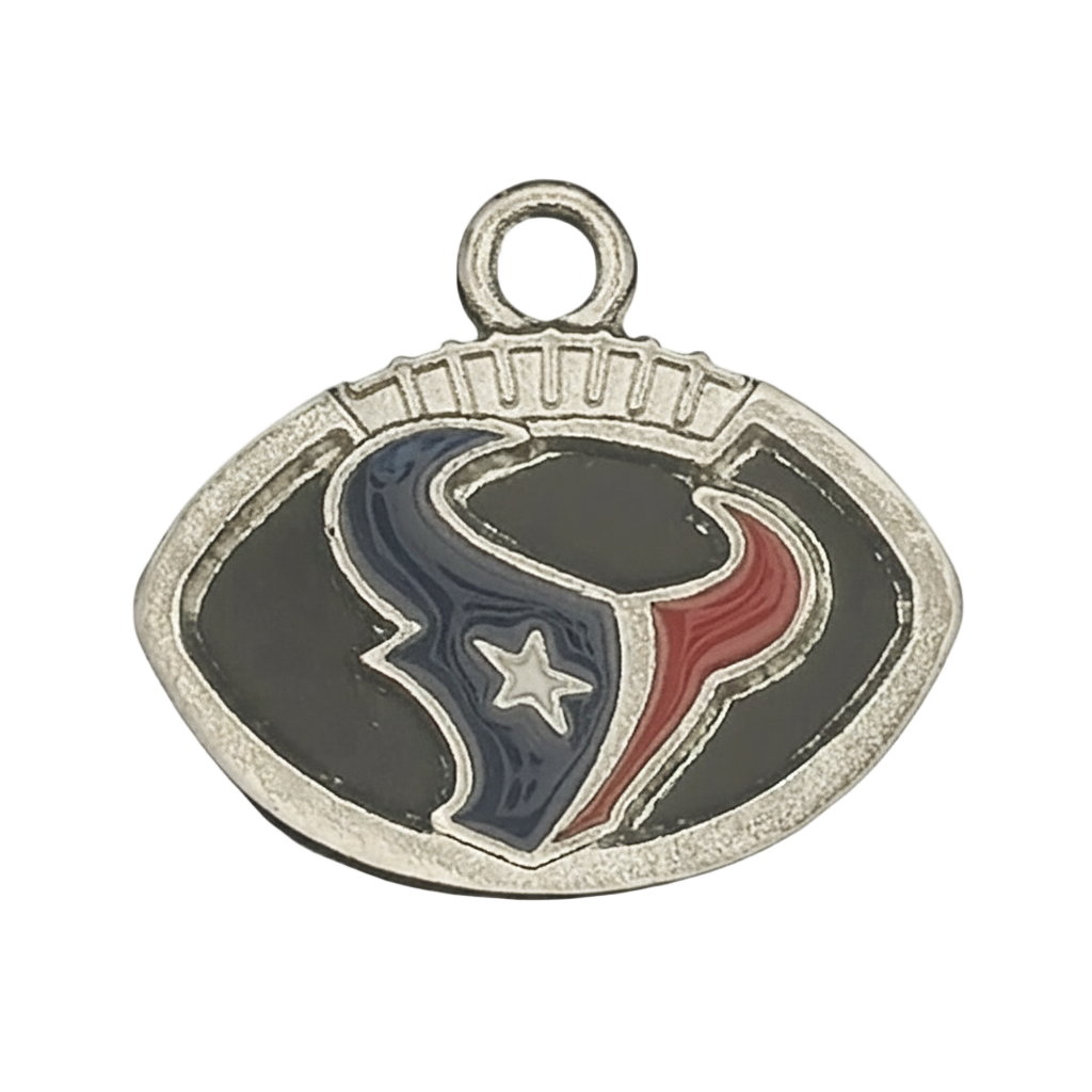 silver-tone football-shaped charm with stylized bull head in navy and red enamel on black