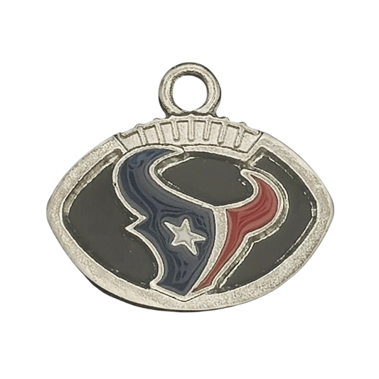 silver-tone football-shaped charm with stylized bull head in navy and red enamel on black
