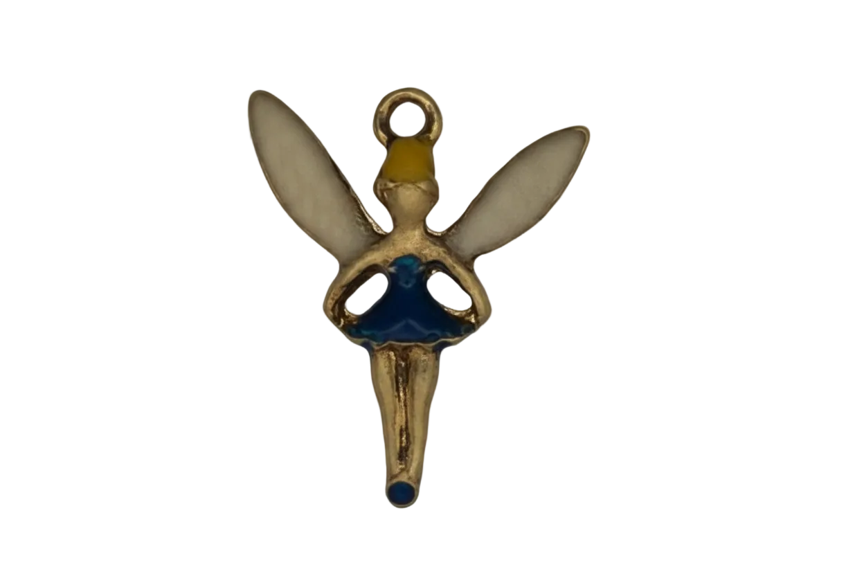 close-up of a gold-tone fairy charm with blue skirt and white wings on a black background