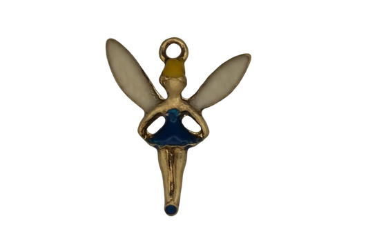 close-up of a gold-tone fairy charm with blue skirt and white wings on a black background