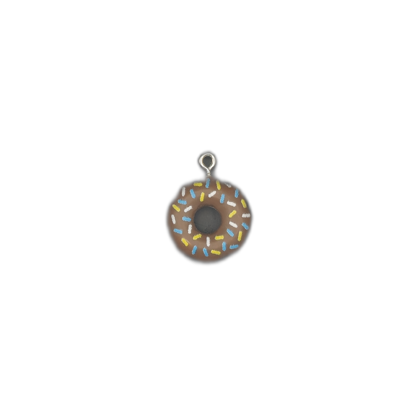 small donut charm with multicolor sprinkles centered on a black background