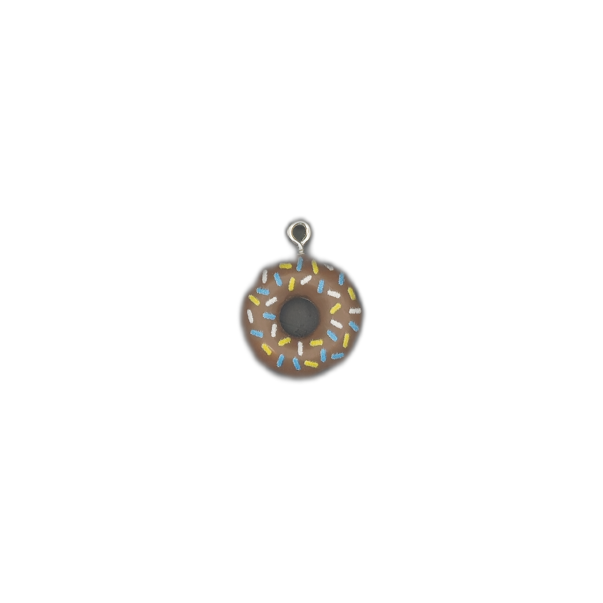 small donut charm with multicolor sprinkles centered on a black background