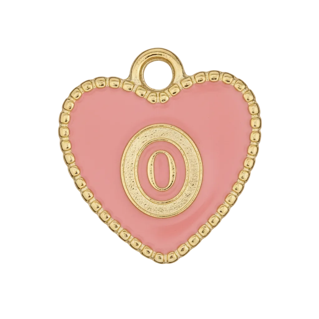 close-up of a pink heart charm with a gold letter O and dotted gold border