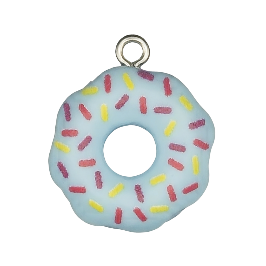 close-up of light blue donut charm with red and yellow sprinkles