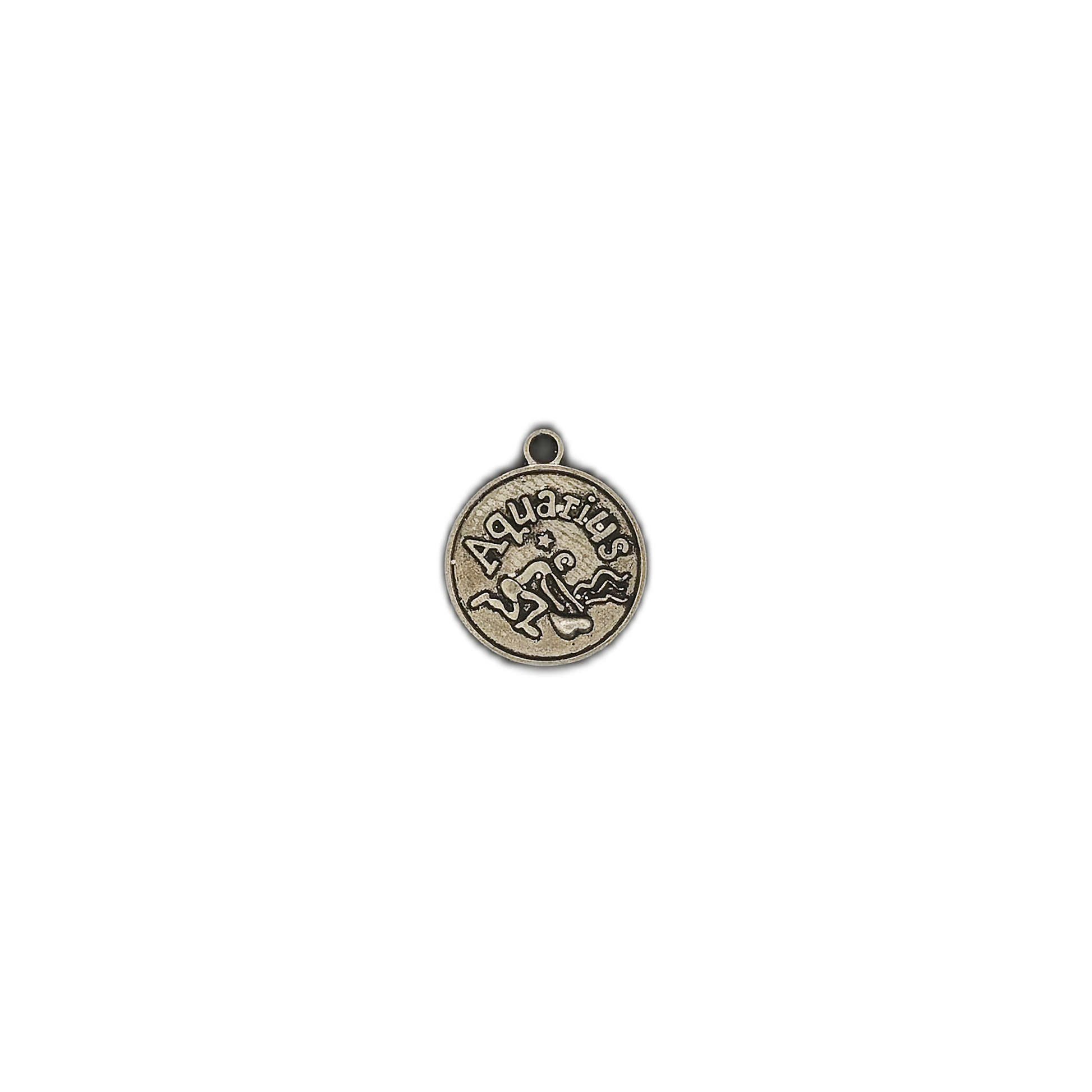 small round Aquarius zodiac coin charm centered on black background
