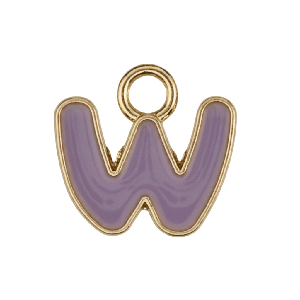 close-up of a purple enamel letter W charm with a gold outline on a black background
