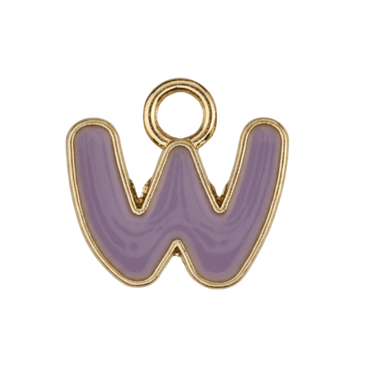 close-up of a purple enamel letter W charm with a gold outline on a black background