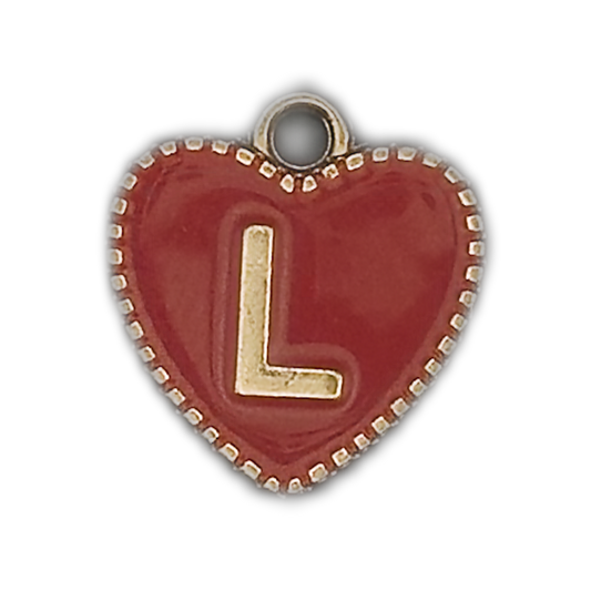 close-up of red heart charm with gold letter L and dotted gold border
