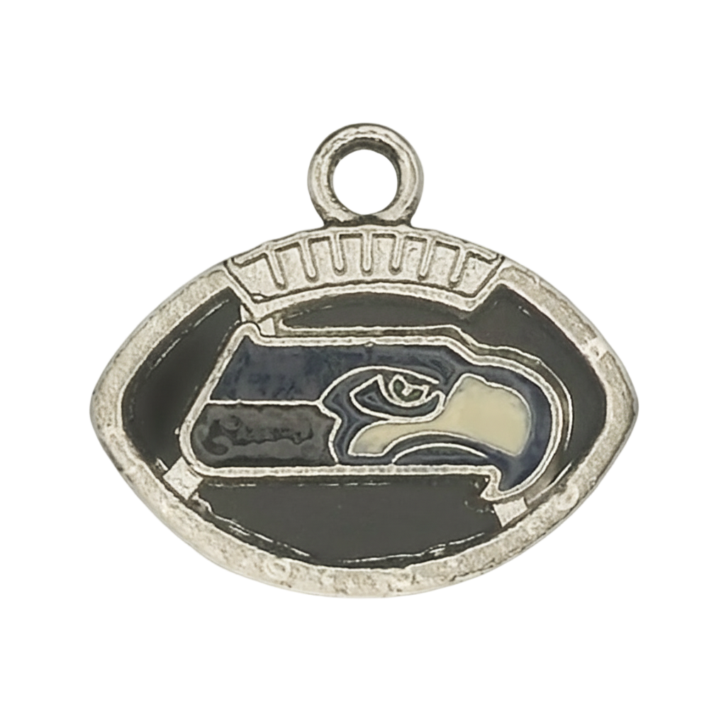 silver-tone football-shaped charm with blue and cream hawk head on black enamel