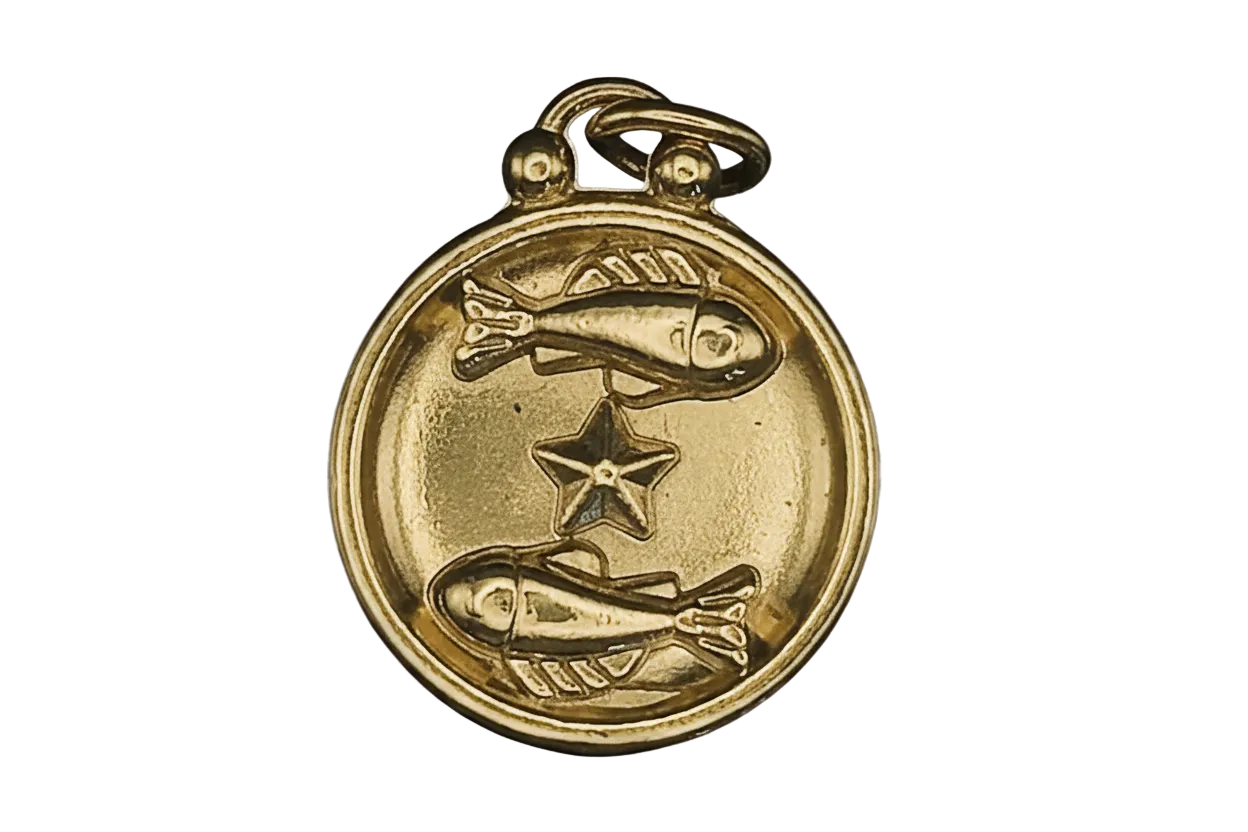close-up of round gold-tone charm with two fish and a star