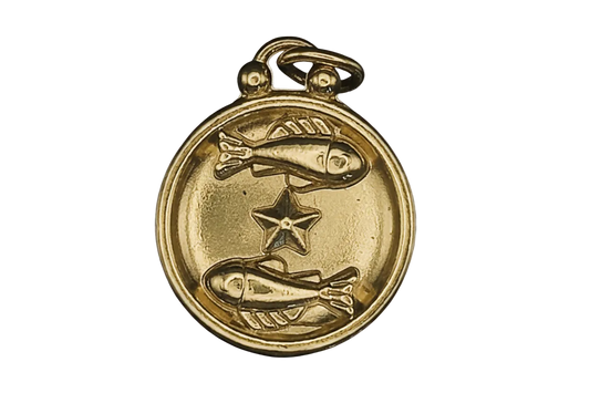 close-up of round gold-tone charm with two fish and a star