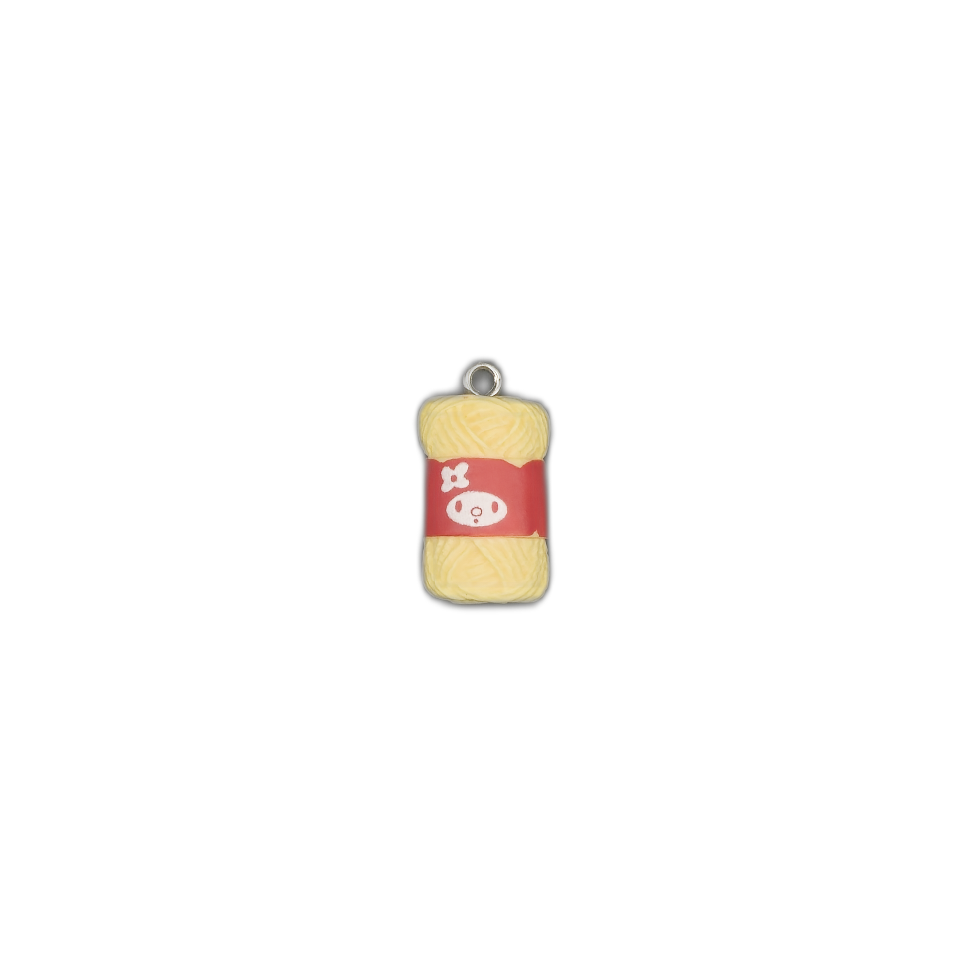 small yellow yarn skein charm with red band centered on black background