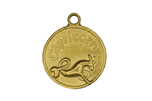 Gold round 'Capricorn' zodiac coin charm with sea-goat design, close-up