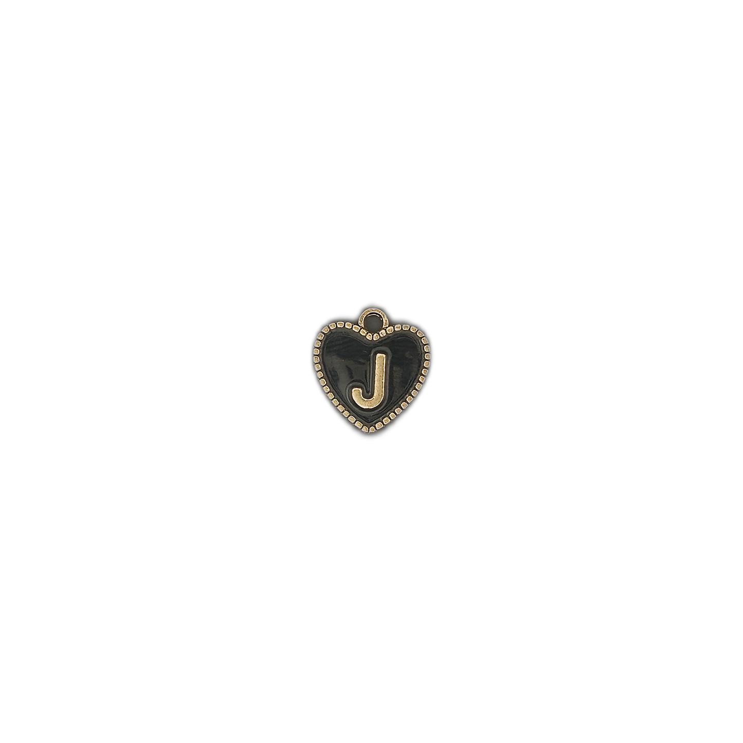 small black heart initial J charm centered on black background