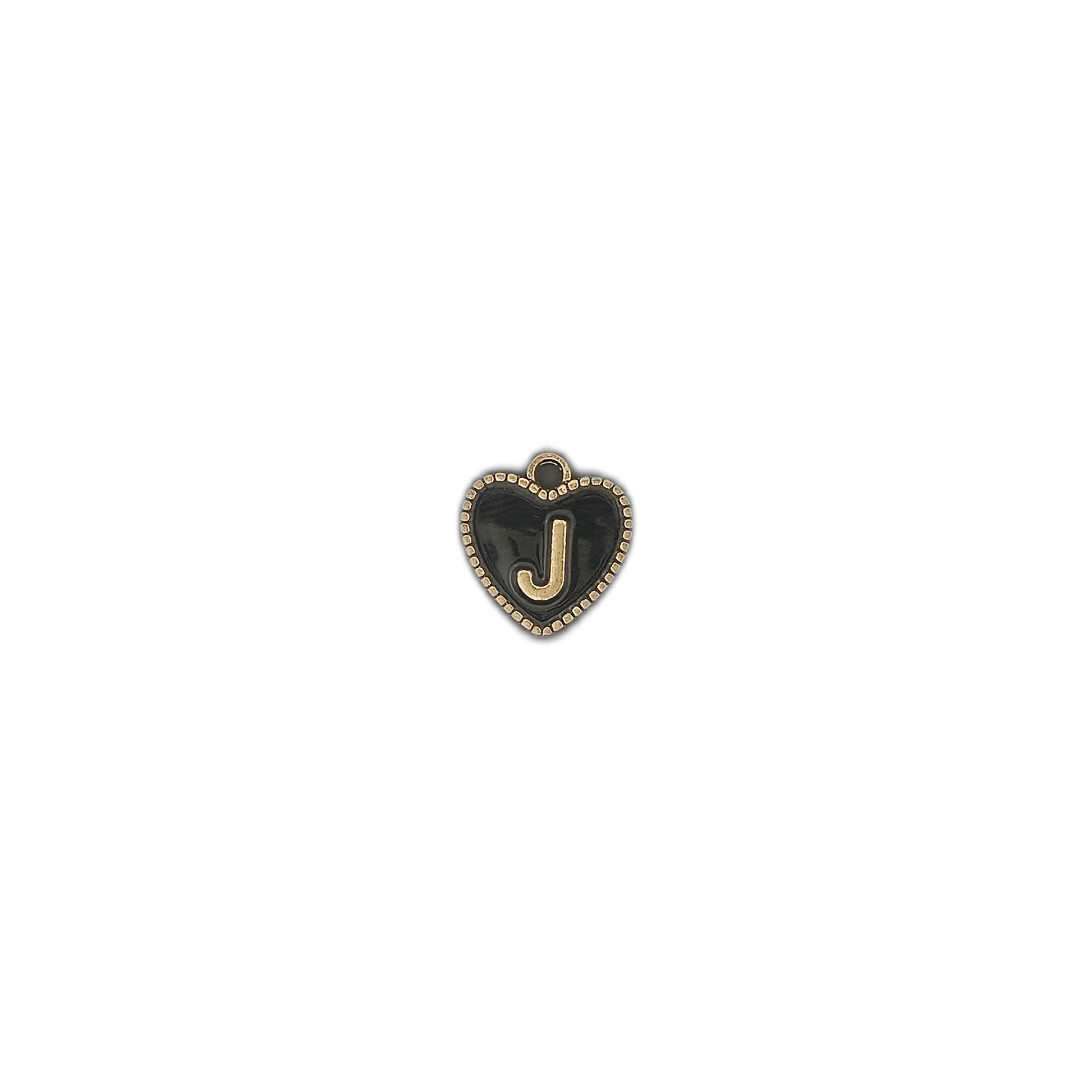 small black heart initial J charm centered on black background