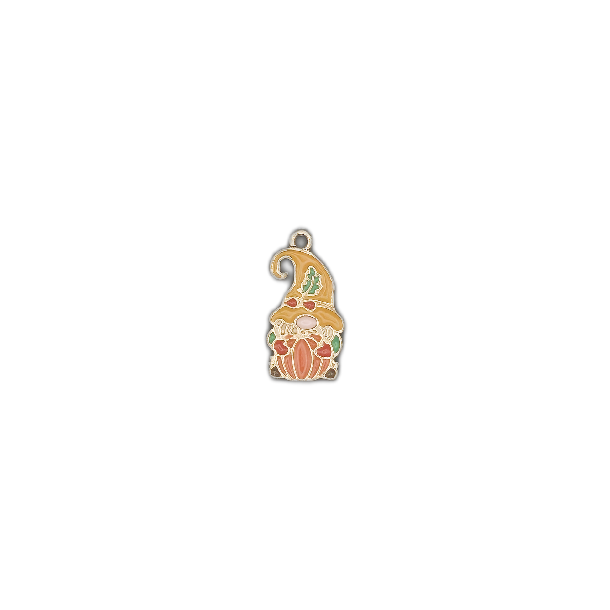 Small gnome pumpkin charm centered on a black background.