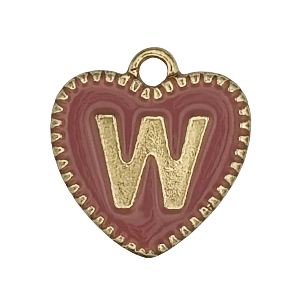 Close-up of red heart charm with gold letter W.