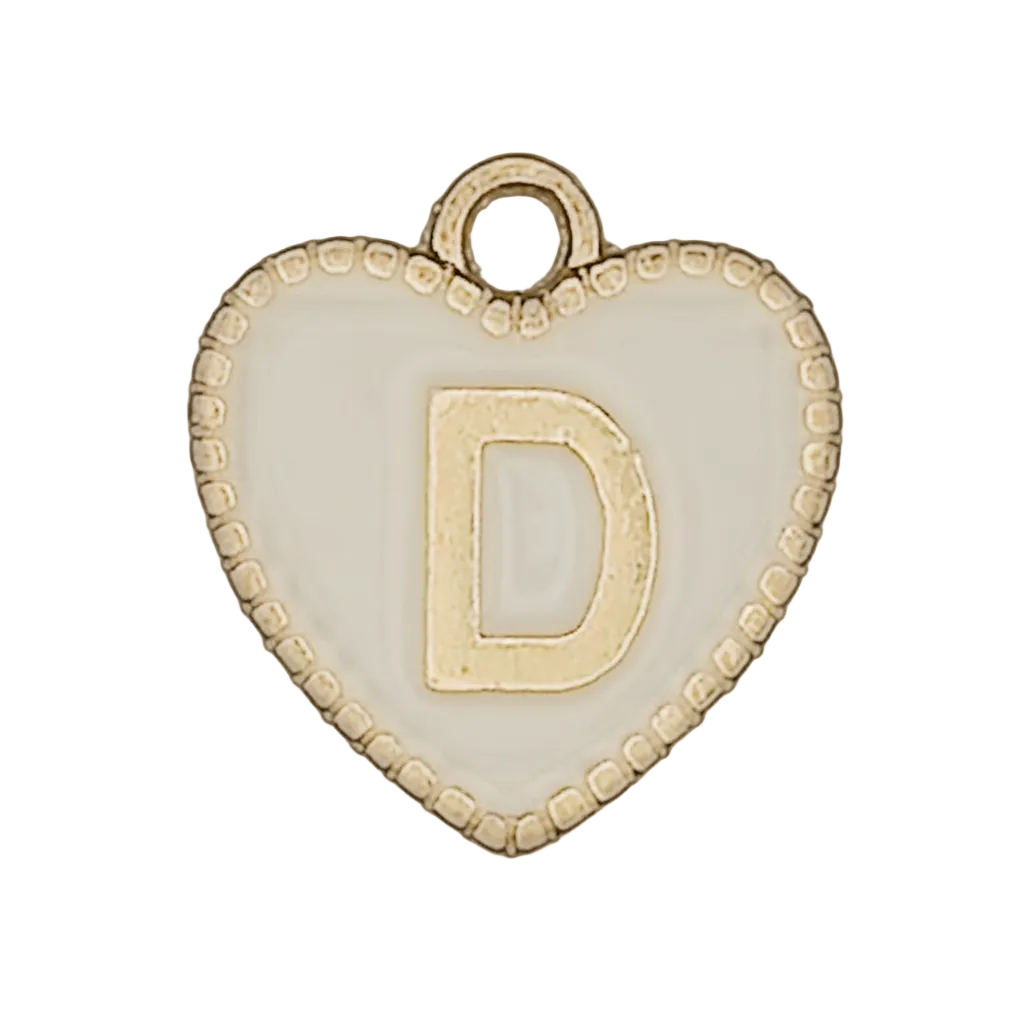 close-up of white enamel heart charm with raised gold letter D and dotted edge