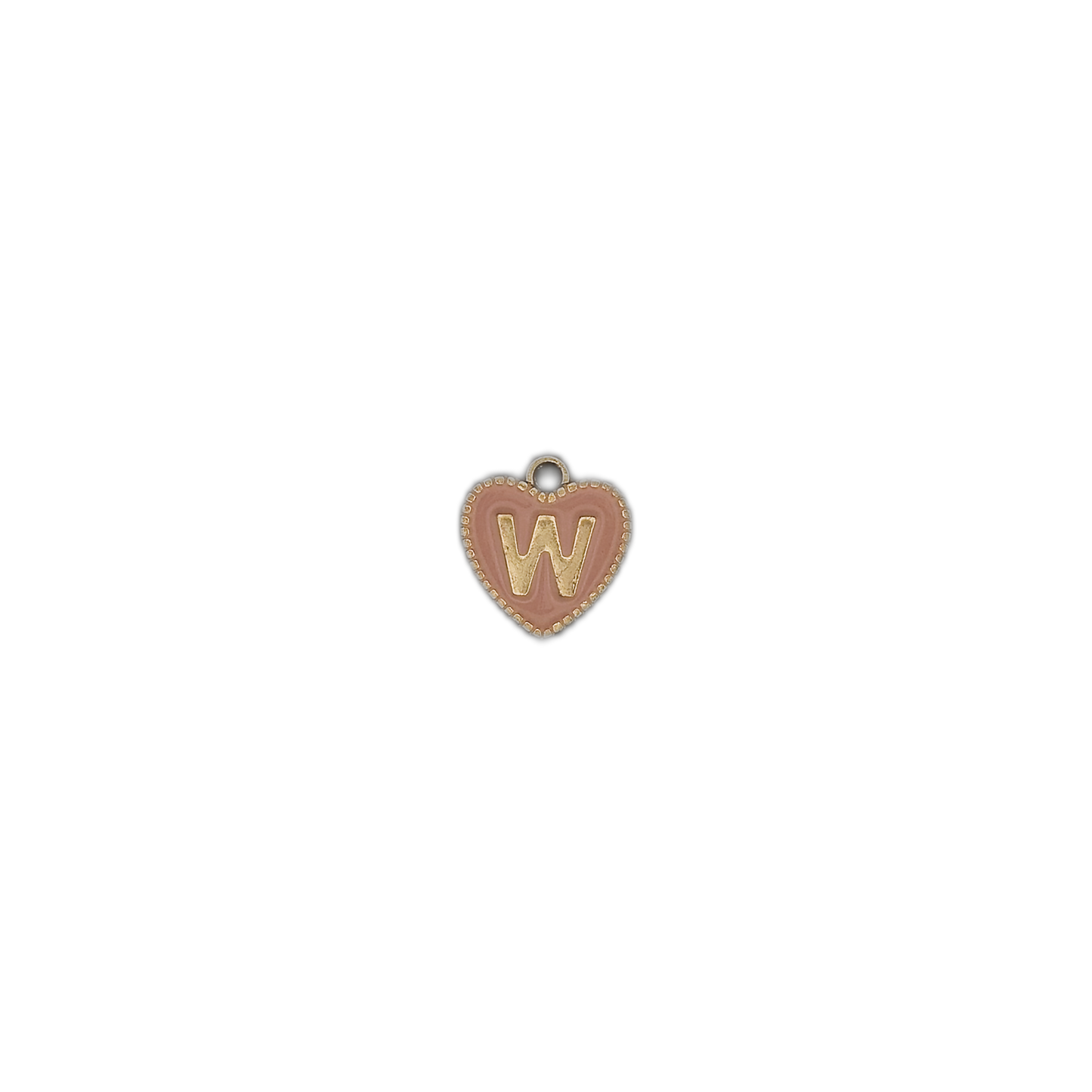 Small pink heart initial W charm centered on a black background.