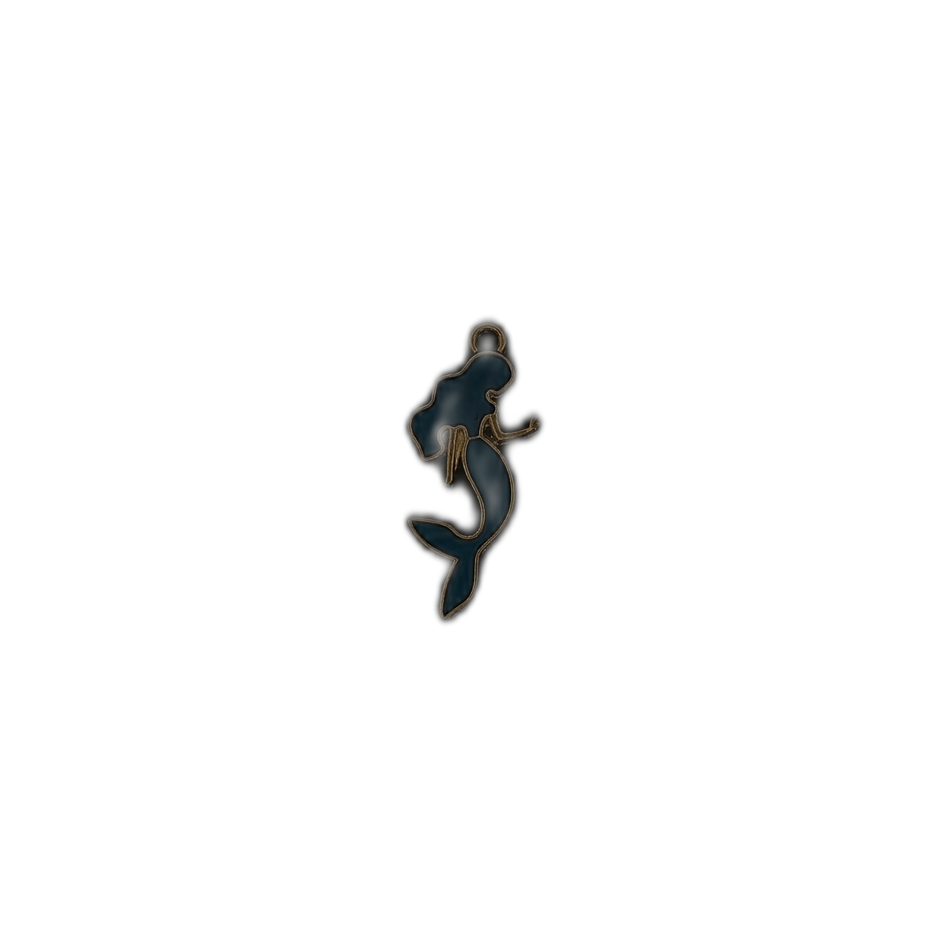 full view of blue mermaid charm with gold outline centered on black background