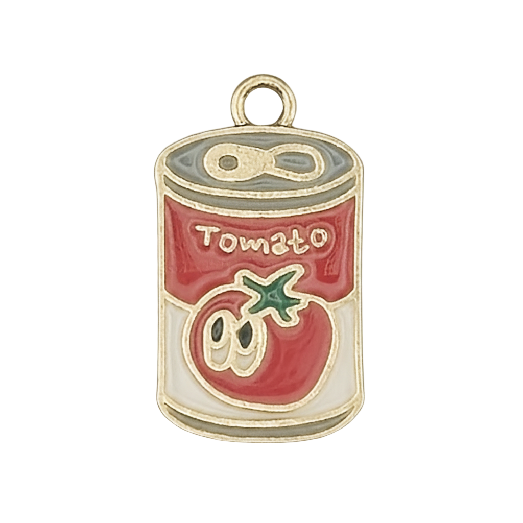 gold-tone enamel charm shaped like a tomato can, front view on black background