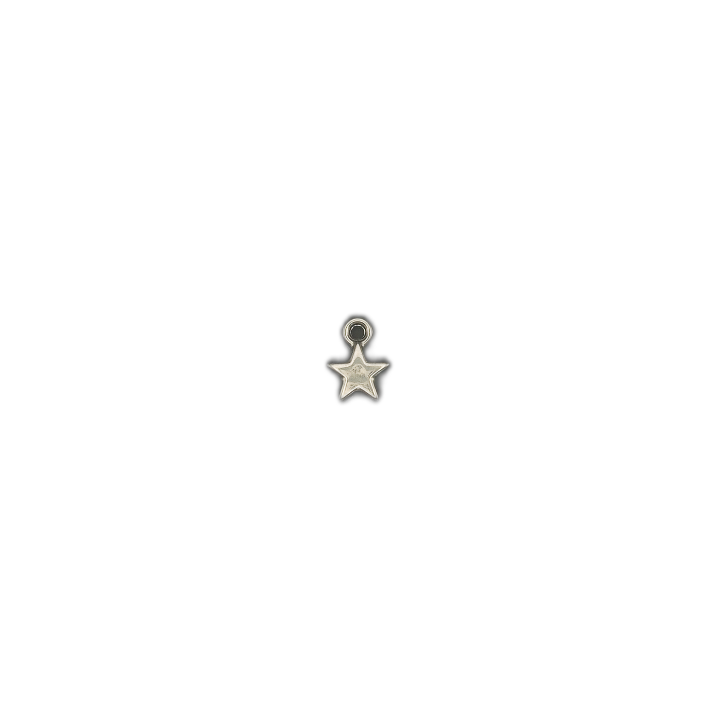 small silver star charm centered on a black background