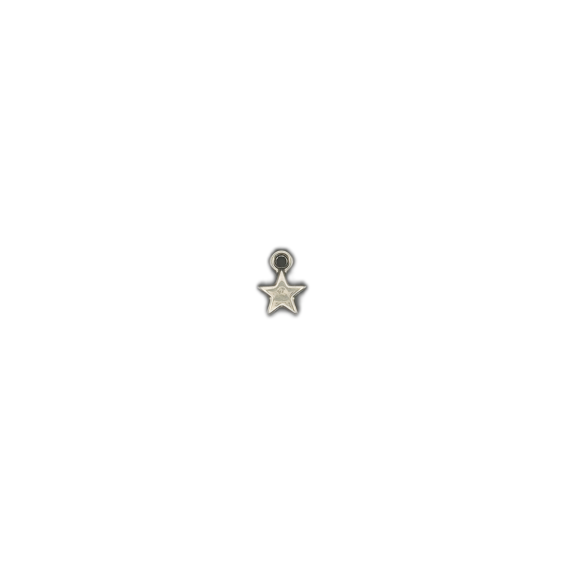 small silver star charm centered on a black background