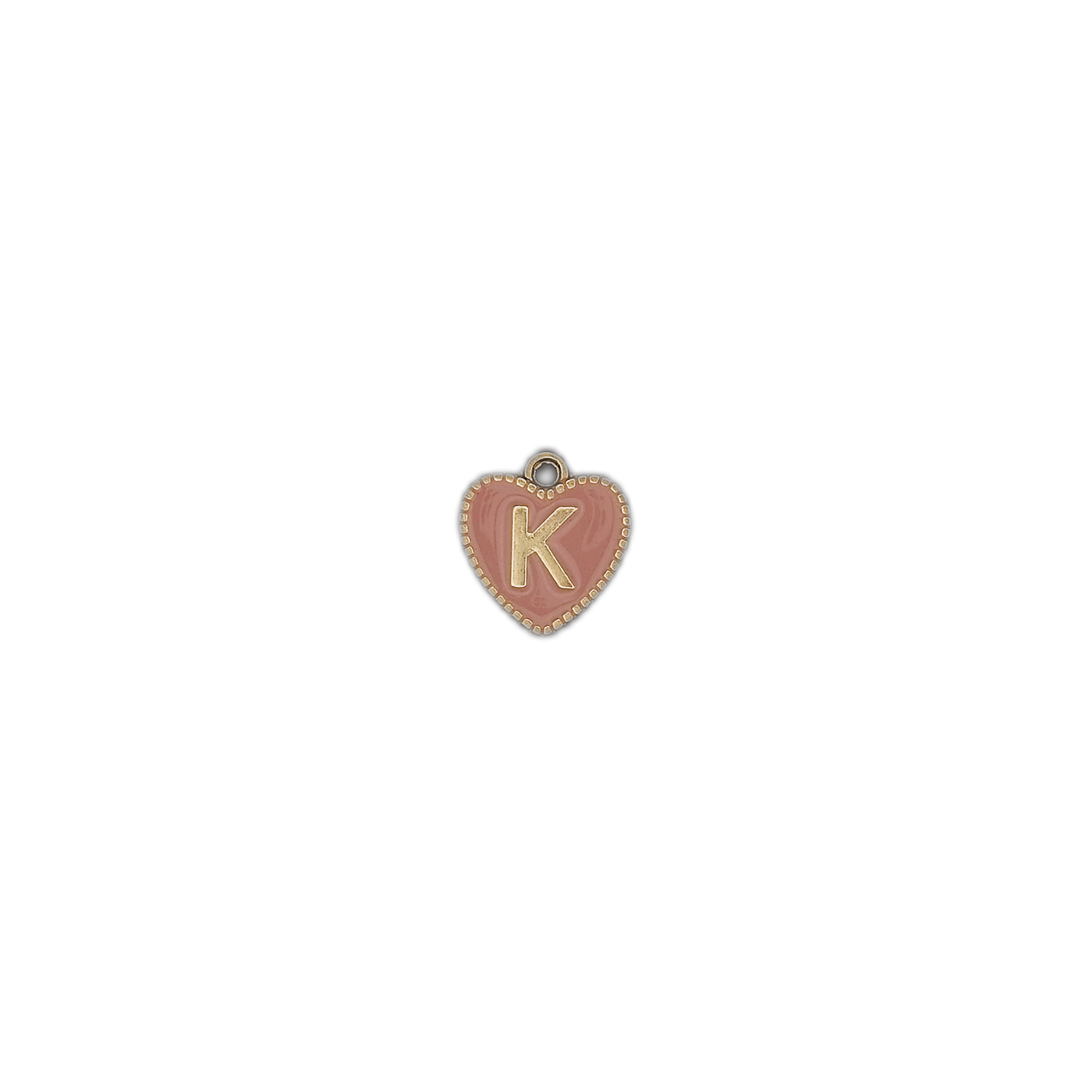 small pink heart initial K charm on black background