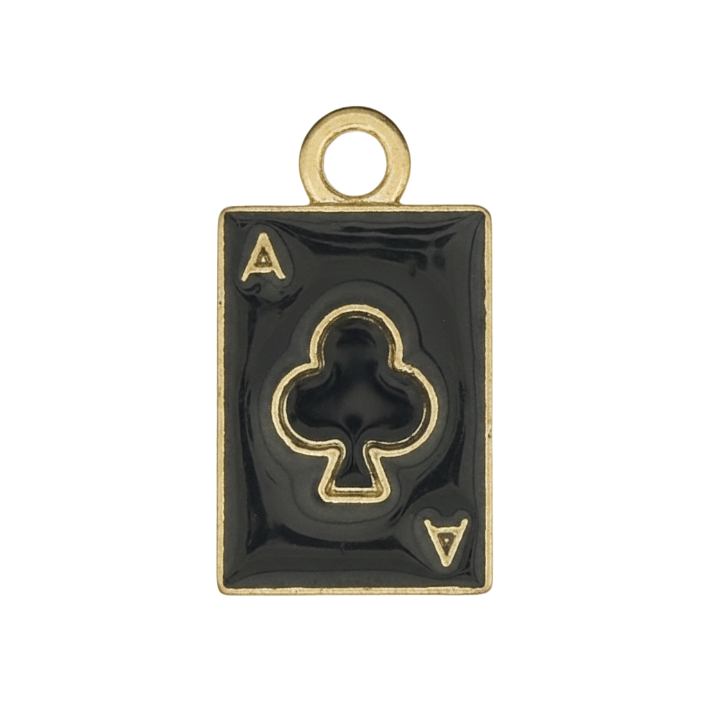close-up of black and gold ace of clubs playing card charm