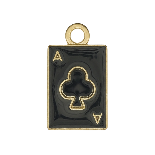 close-up of black and gold ace of clubs playing card charm
