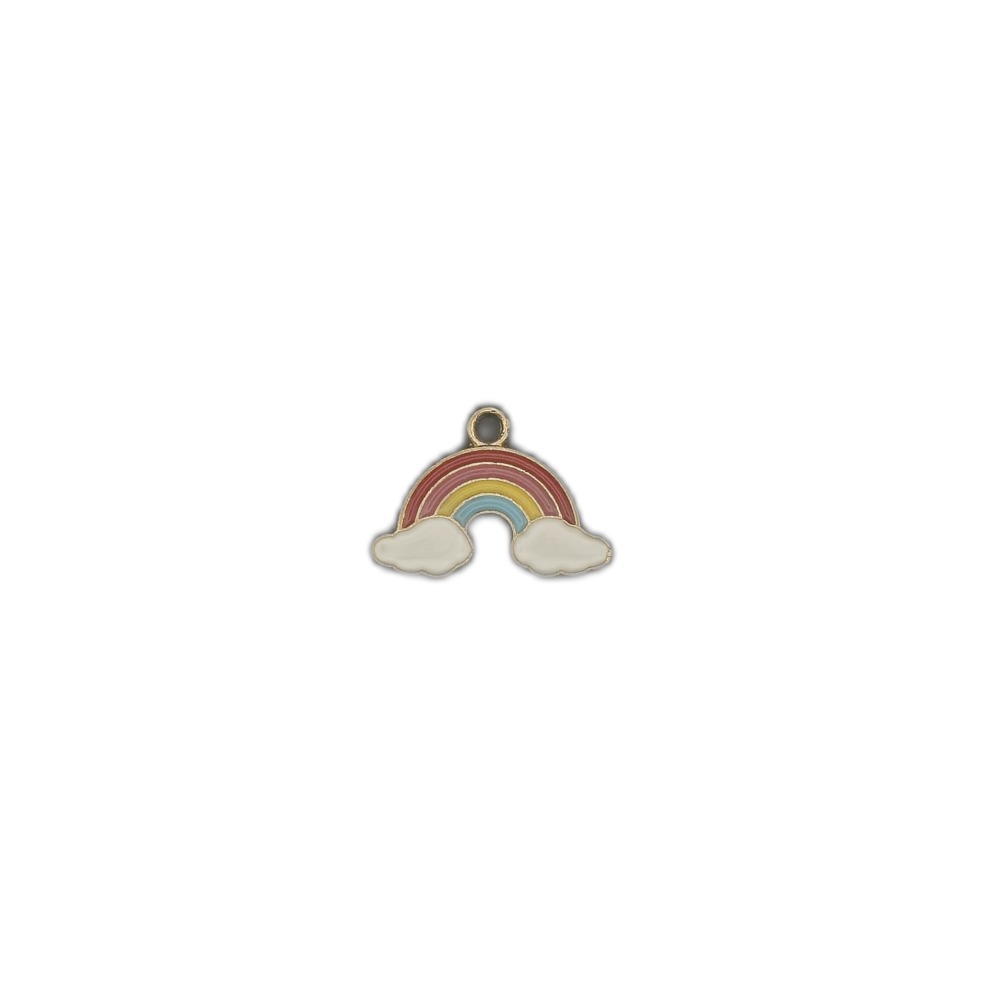 enamel rainbow charm with clouds centered on black background