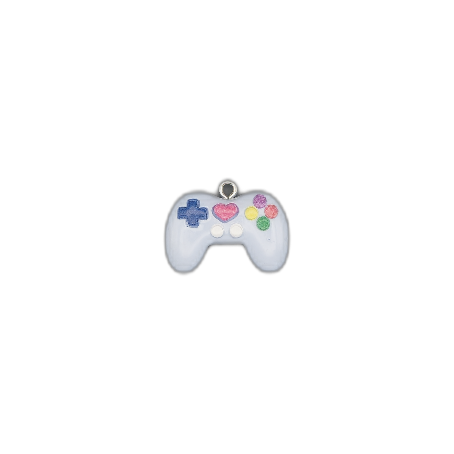 small white game controller charm on black background