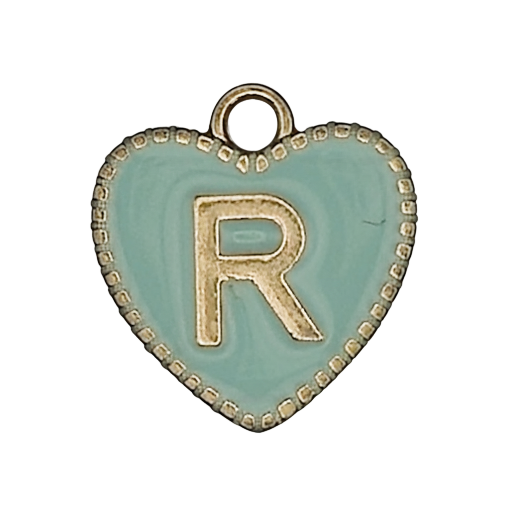 close-up of aqua heart charm with gold letter R
