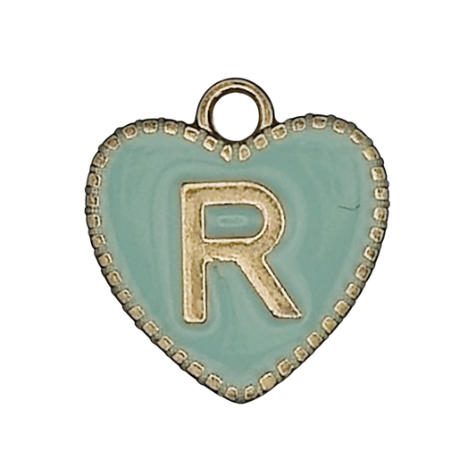 close-up of aqua heart charm with gold letter R