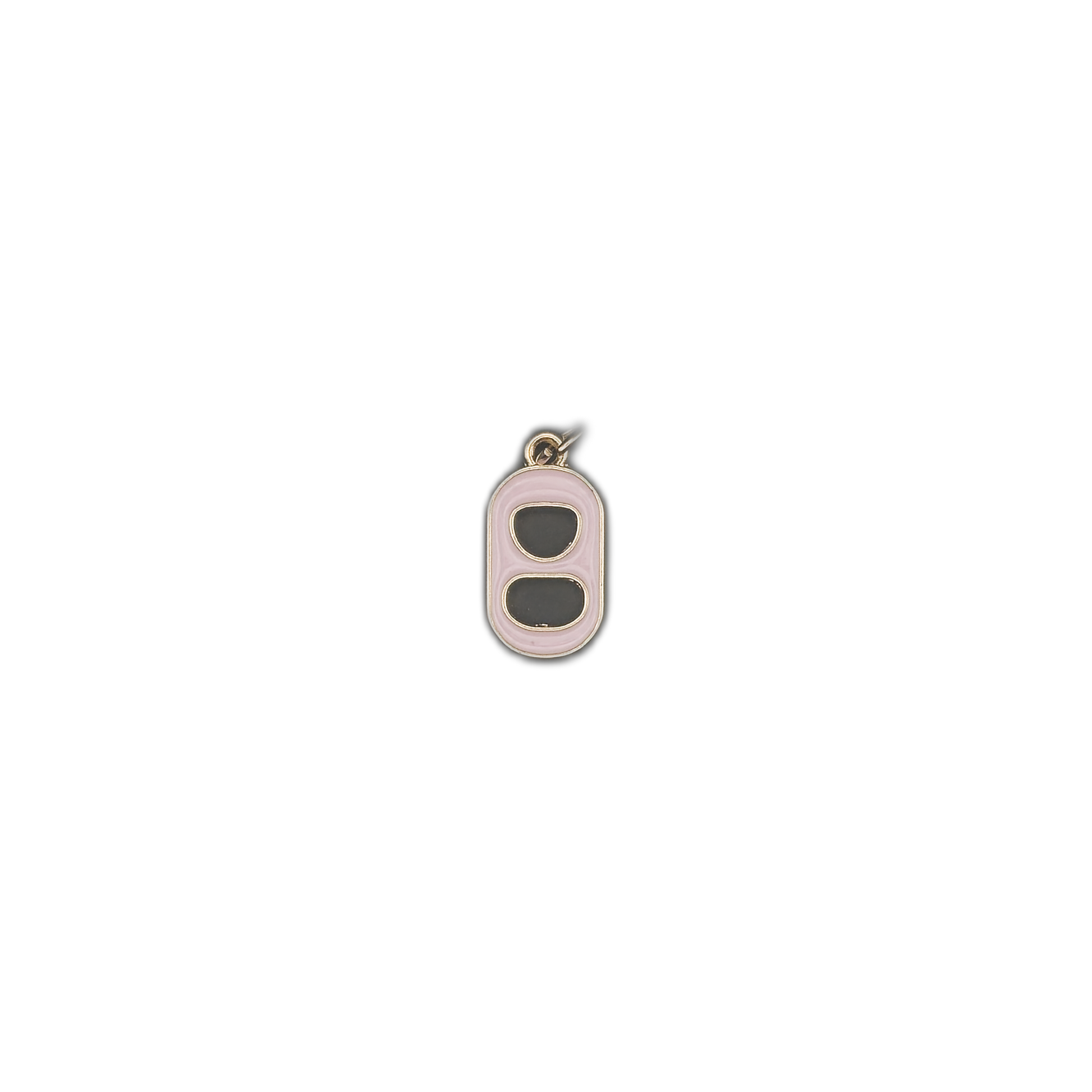 Small can tab charm with pink enamel border on a black background.
