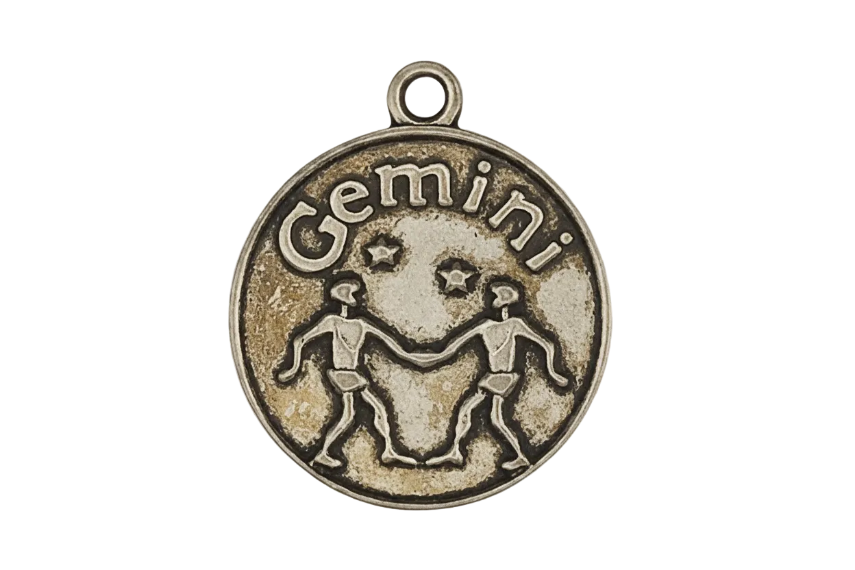 close-up of round Gemini zodiac charm with twin figures and stars in antique gold on black background