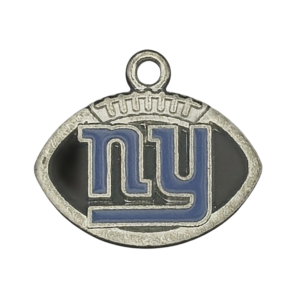 close-up of oval football charm with blue 'ny' on black enamel in silver-tone metal