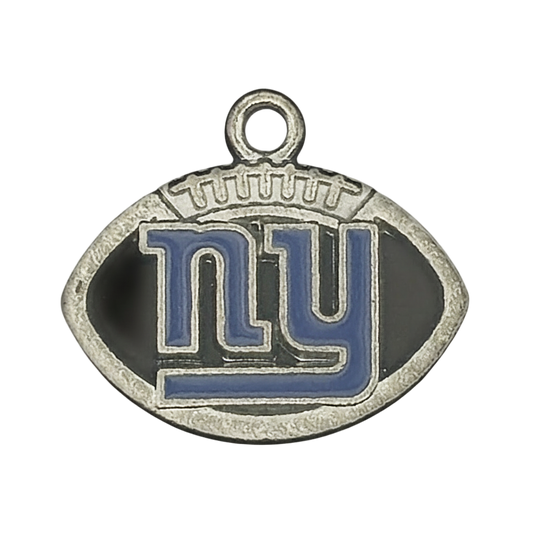close-up of oval football charm with blue 'ny' on black enamel in silver-tone metal