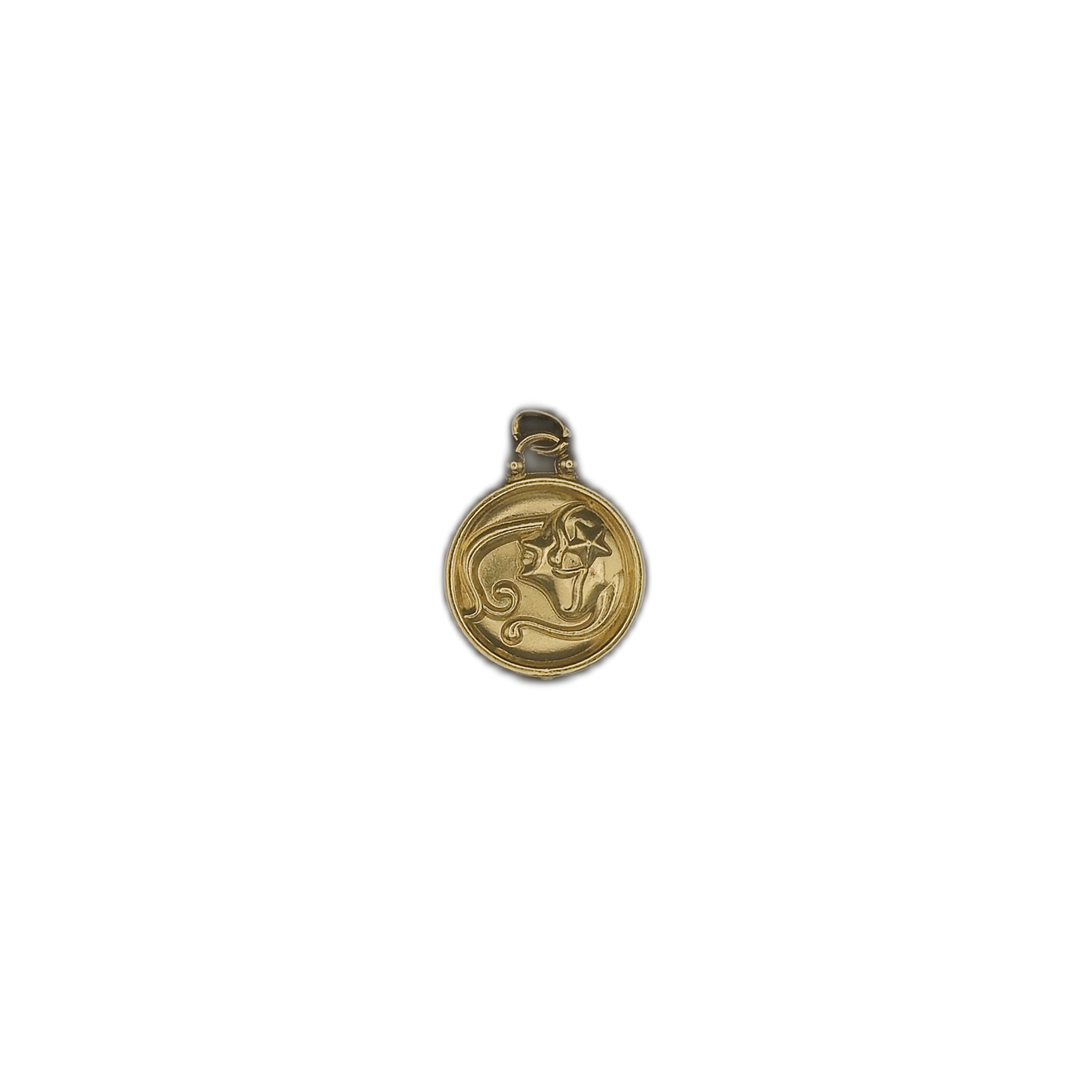 small round gold-tone charm with embossed face and star centered on black background