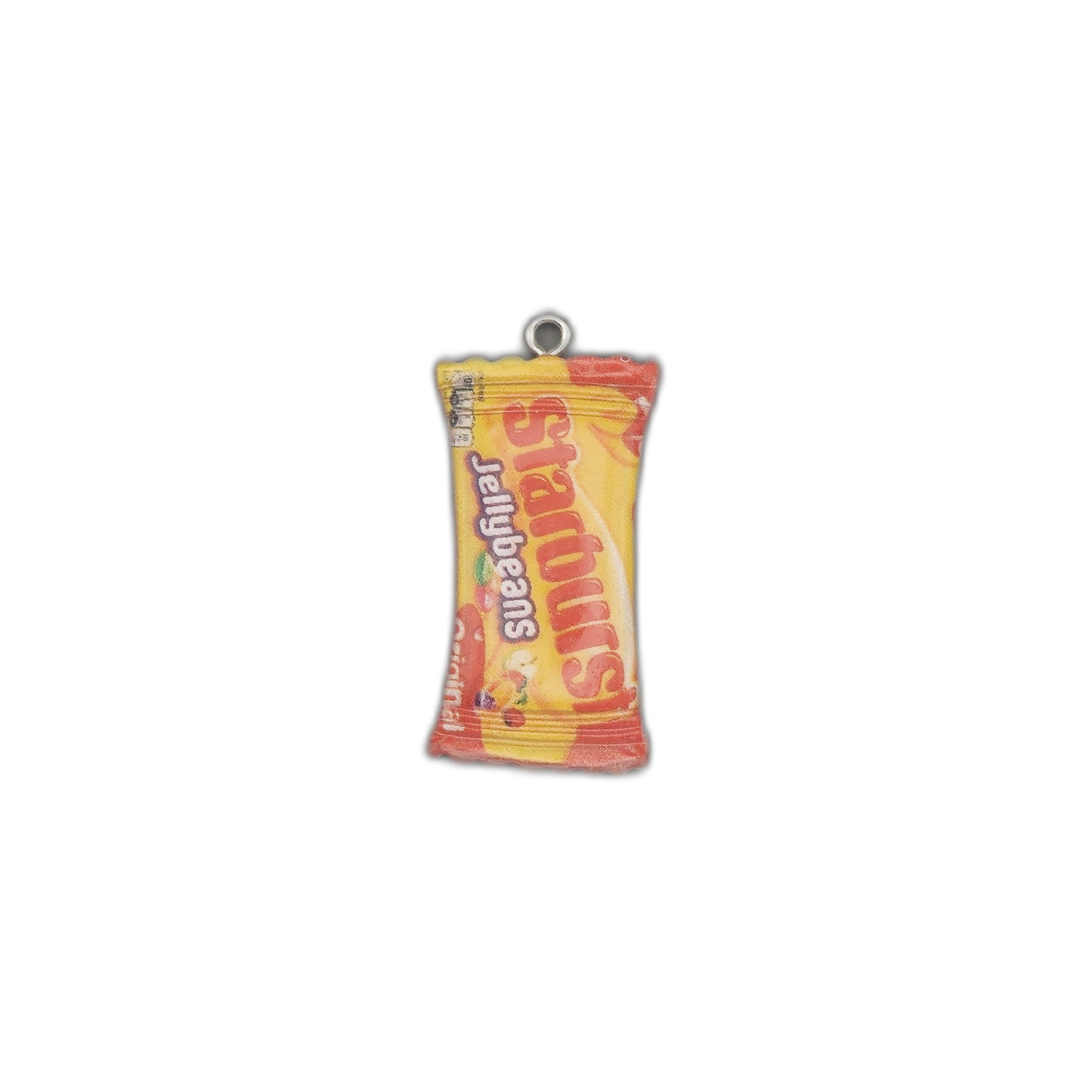 full view of jellybeans candy bag charm centered on black background