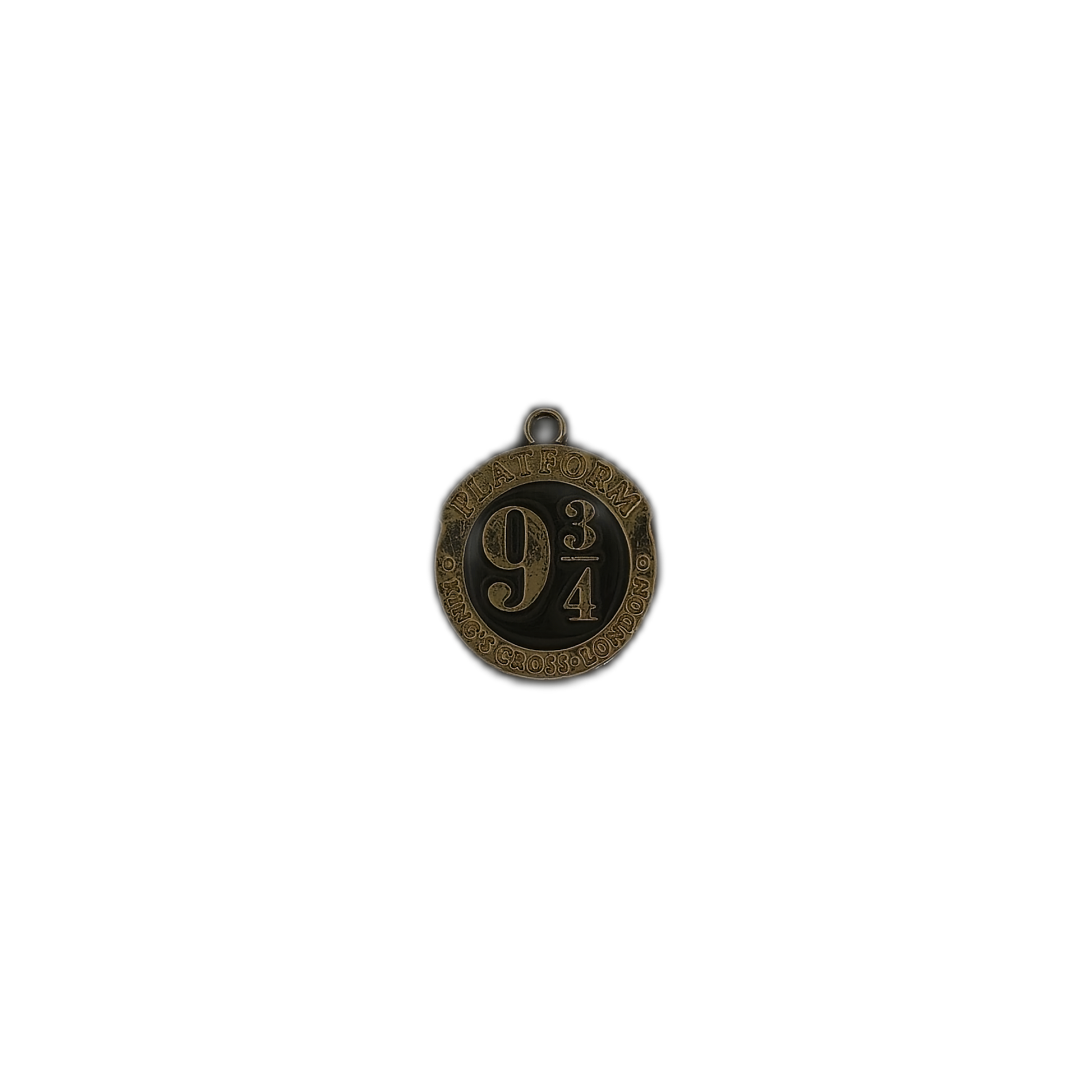 small round bronze 9 3/4 charm centered on black background