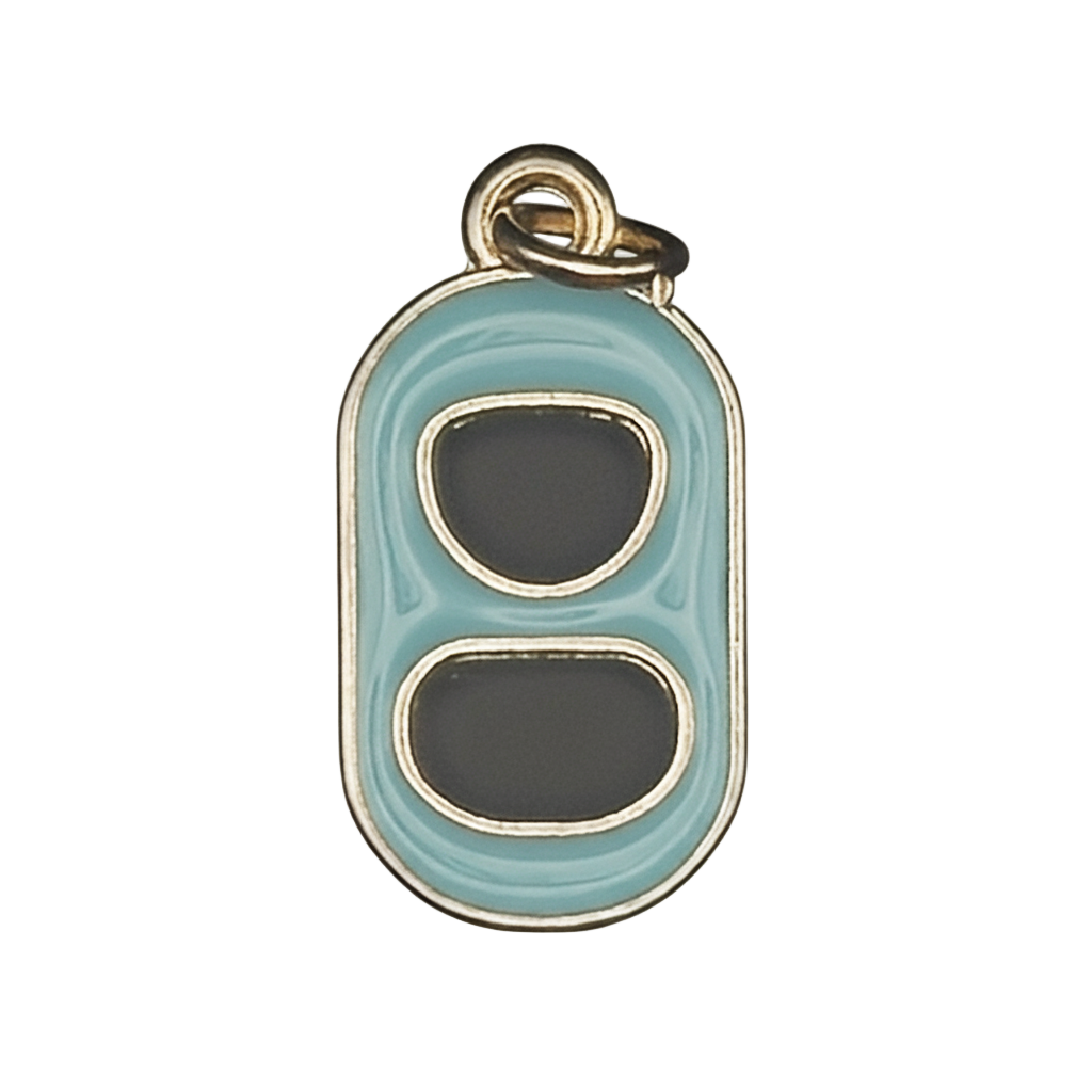 close-up of blue enamel soda can tab charm with gold-tone edges